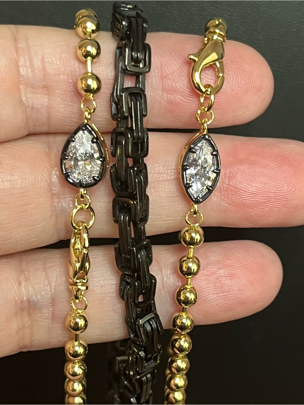 Gold Bead Bracelets w/Teardrop & Marquise Crystals w/Rhodium & Black Braceletb